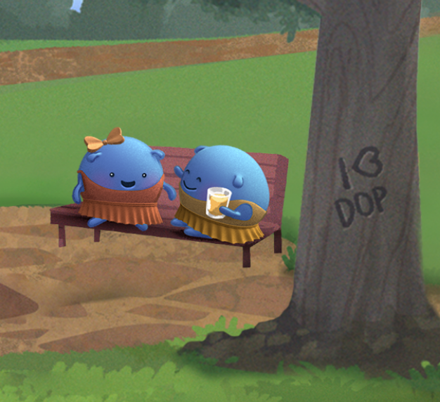 Two Doptelet Platelet Characters Sitting on Park Bench