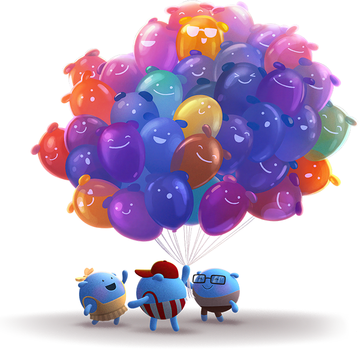 Three Doptelet platelet characters holding a bunch of balloons