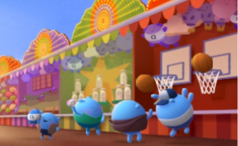 Doptelet platelet characters getting ice cream cones at a soft serve stand in carnival scenery