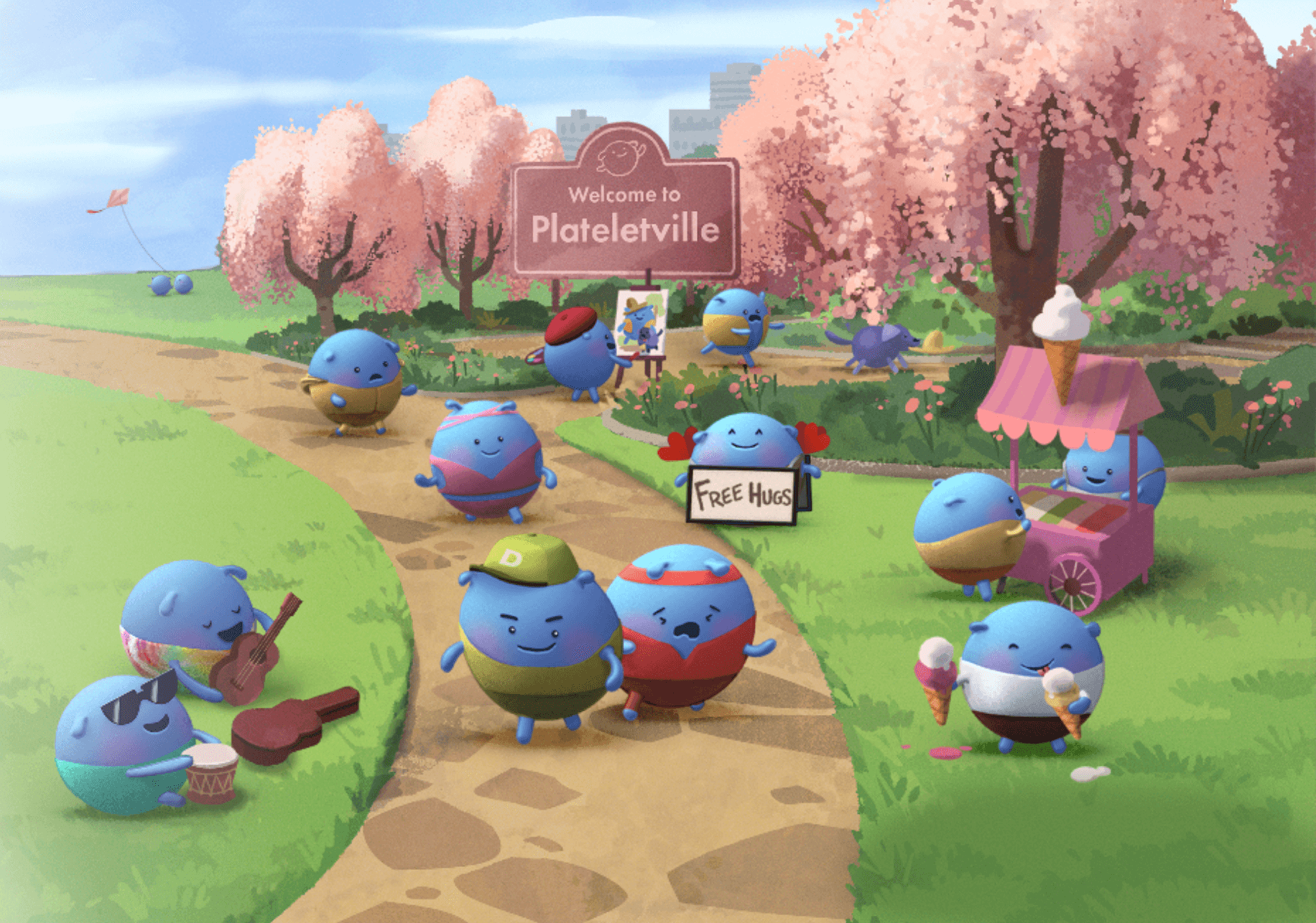 Four Doptelet Platelet Characters Having Picnic in Park